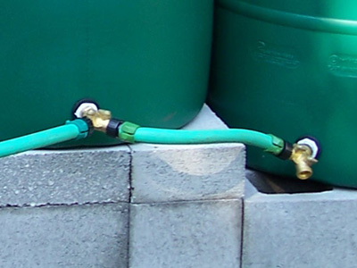 connected rain barrels up close