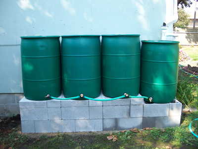 Connect Rain Barrels with Concrete Block Stand